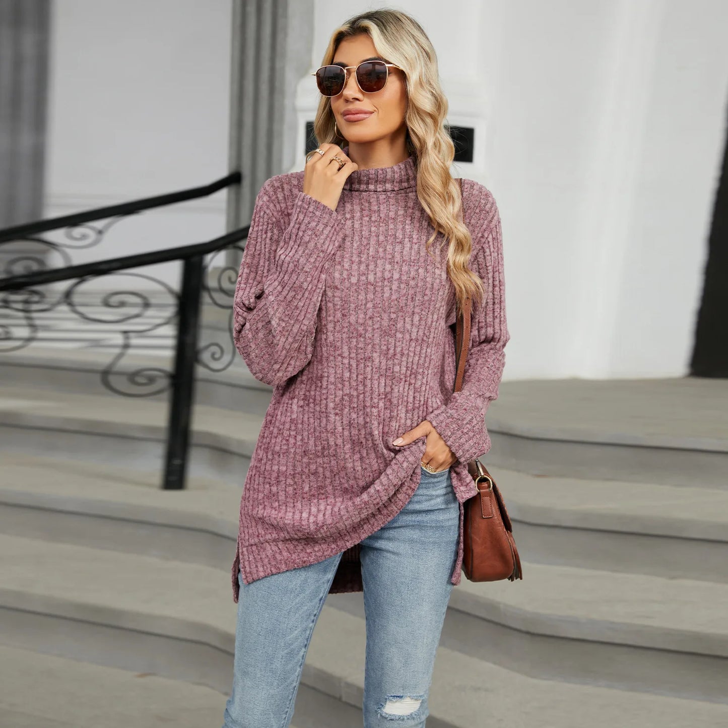 Wolfe's High Neck Loose Long Sleeve Split Top