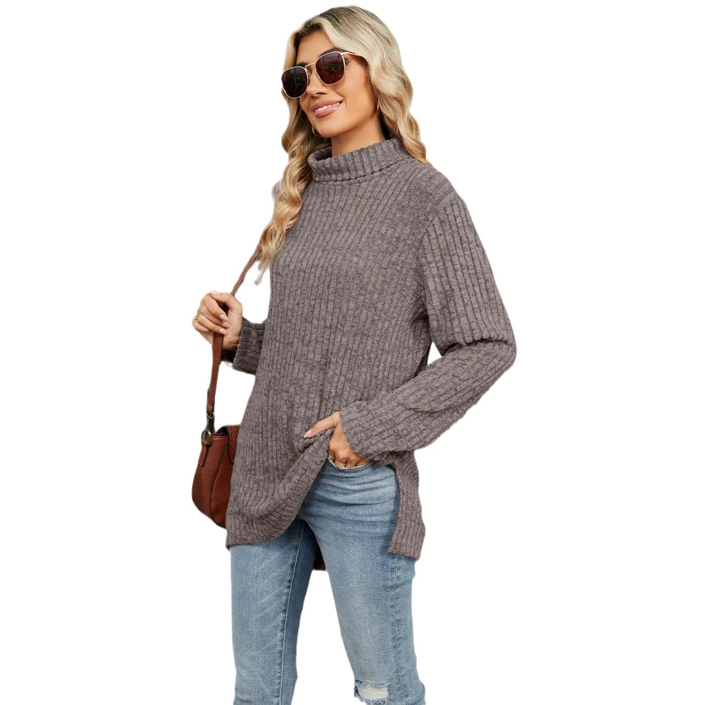 Wolfe's High Neck Loose Long Sleeve Split Top