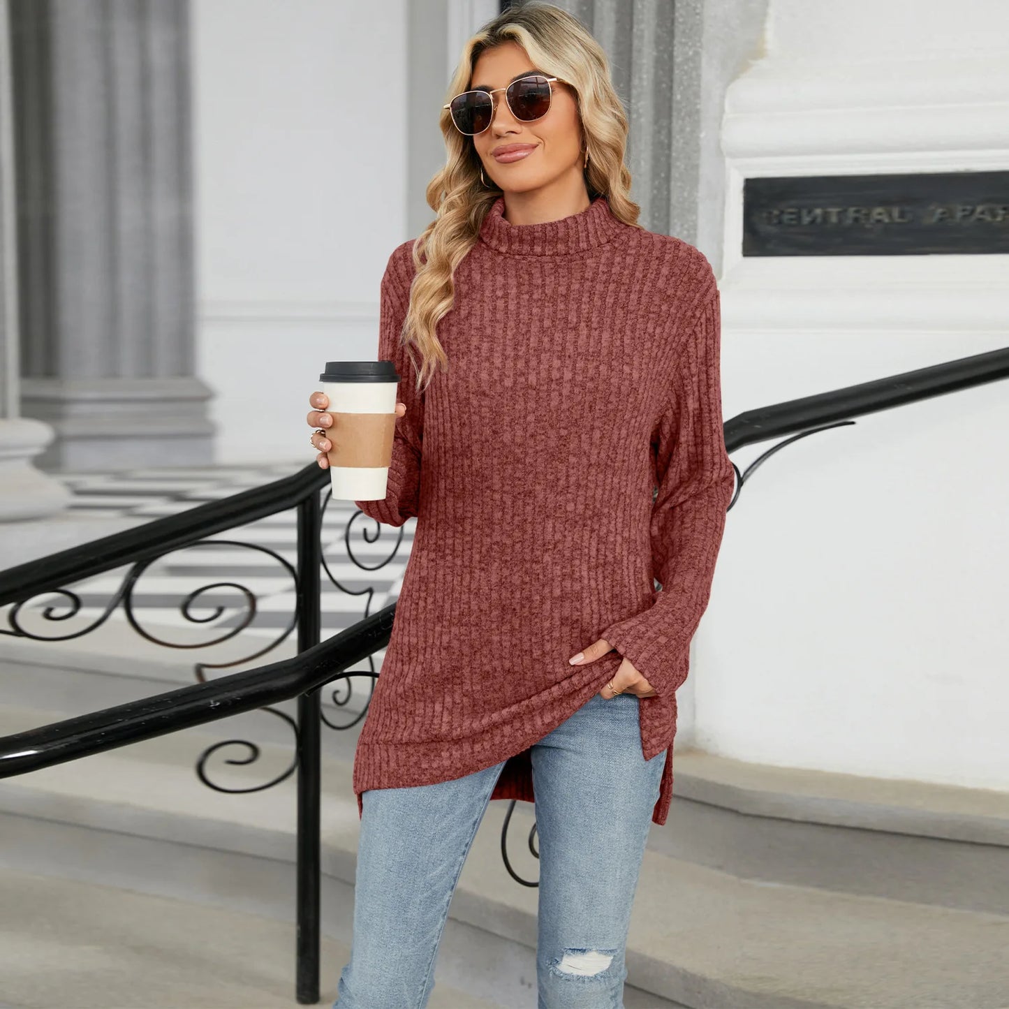 Wolfe's High Neck Loose Long Sleeve Split Top