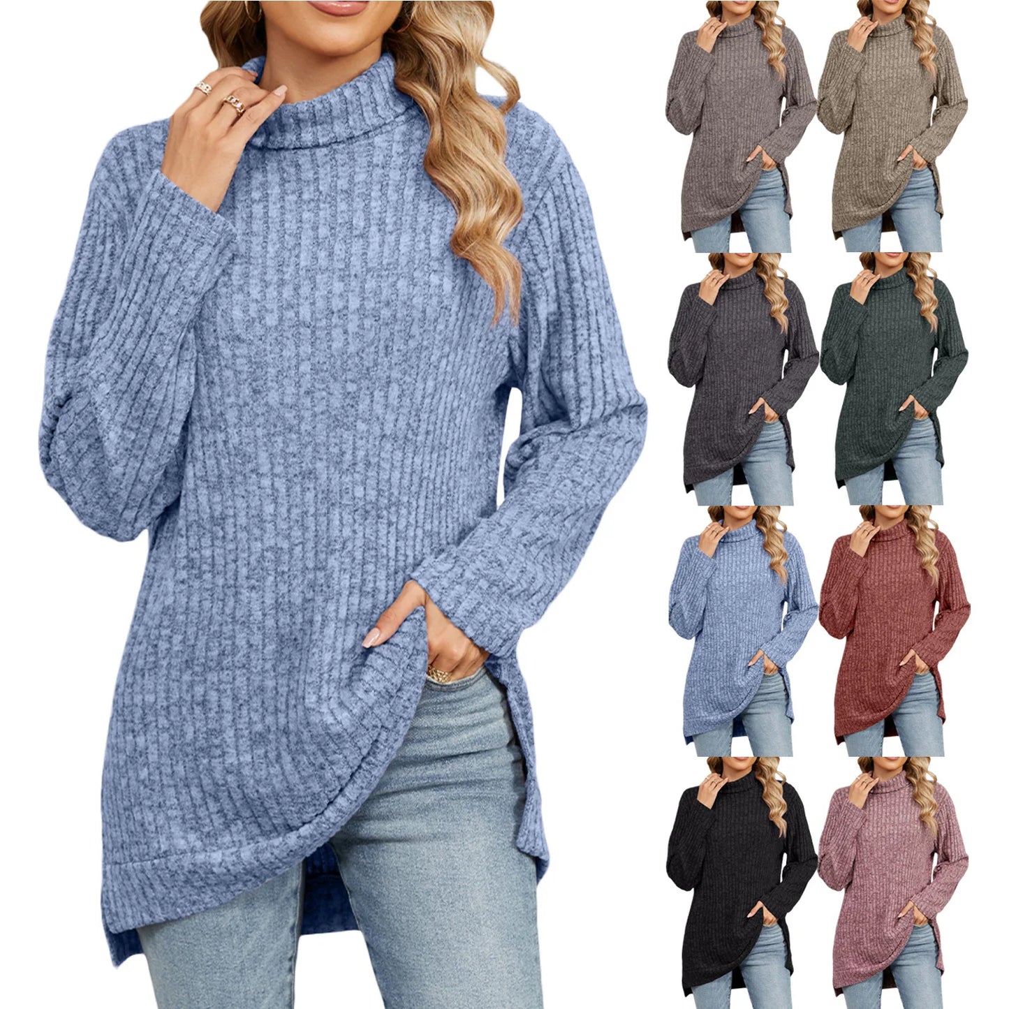 Wolfe's High Neck Loose Long Sleeve Split Top